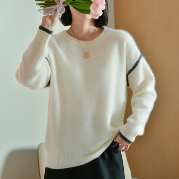 【米蘭精品】現貨+預購 100%羊毛衣針織衫發熱衣長袖保暖內搭加絨寬鬆大碼休閒-圓領撞色女上衣2色74nc37