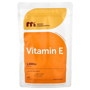 Micro Ingredients, 維生素 E，1,000 國際單位，240 粒軟膠囊（每粒軟膠囊 500 國際單位）