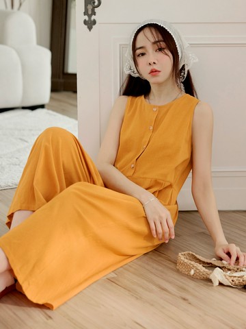 純棉半開襟排釦背心連身寬褲