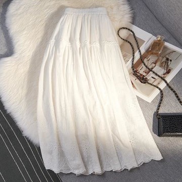 重工蕾絲勾花a字半身裙女夏季松緊高腰拼接大擺a字中長款仙女長裙