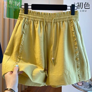 初色 日常純色綁帶花邊口袋寬鬆闊腿褲休閒褲寬褲短褲-共3色-13794(M-2XL可選)