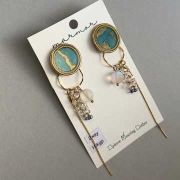 【現貨1件】2way 藍綠色 酒精墨水畫 耳環 18kgp 長款 金色 藍 綠 獨一無二 18kgp