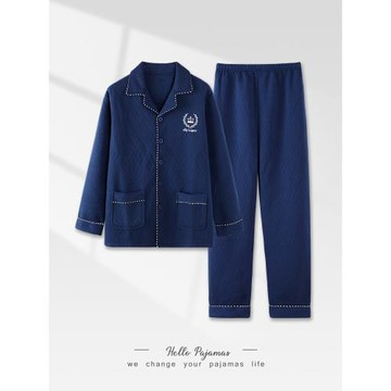 睡衣男士春秋加厚純棉休閑風長袖家居服秋冬薄夾棉夾層空氣棉套裝
