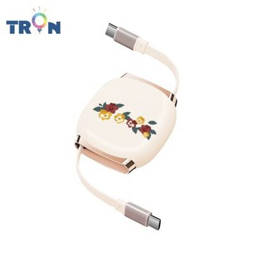 TRON 100W Type-C 伸縮快充線 1M 奶茶色 平塗手繪小花卉-4 4檔長度調整 可充筆電 適用i15以上手機 平板