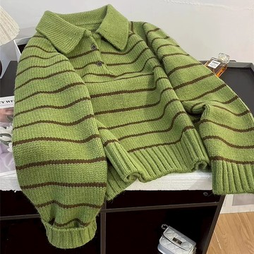 秋冬polo翻領綠色條紋毛衣針織衫短版