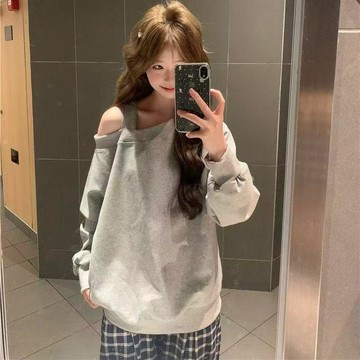限時下殺⚡慵懶風灰色斜領露肩長袖衛衣女秋冬寬鬆顯瘦休閒百搭套頭無帽上衣