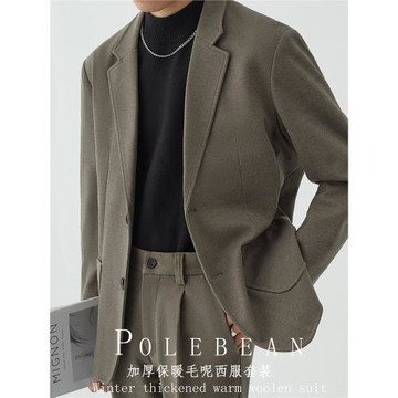 秋冬新款加厚保暖毛呢休閑西服套裝男韓版寬松西裝外套男新郎結婚