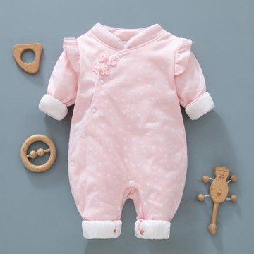 女寶寶嬰兒薄棉連體衣中國風秋冬粉色哈衣新生兒夾棉保暖周歲唐裝