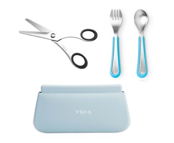 VIIDA - [官方直營]幼兒外出組-抗菌不鏽鋼叉匙組(L)-寶貝藍+防水收納袋(L)-迷霧藍+多功能食物剪