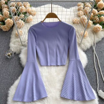 辣妹小眾設計感喇叭袖t恤女早秋修身短款針織衫上衣洋氣漂亮小衫