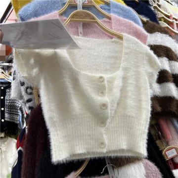 東大門2024早秋季仿水貂絨高腰短款露臍毛衣短袖方領洋氣針織上衣