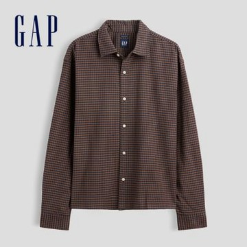 【GAP】寬鬆短款直版牛津襯衫-棕藍格紋(909177)