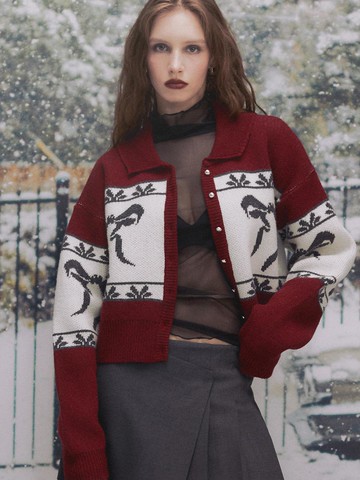 Cowichan Ribbon Crop Cardigan (DEEP RED)