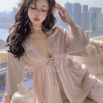 【心動信號】2024春夏吊帶長褲睡衣法式性感蕾絲三件套長袖仙女風