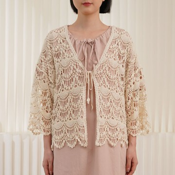 精緻鈎織鏤空係帶背心開衫121493C