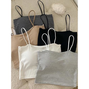 一字條紋吊帶背心女內搭夏季性感抹胸外穿帶胸墊純棉打底美背上衣