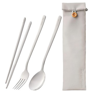 ZEN ZHOU 仁舟淨塑 微笑地球餐具3件組，含筷子、叉子、湯匙  1組  米色+銀色