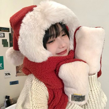 紅色帽子圍巾一體女冬季可愛毛絨保暖護耳圍脖手套三件套 雙11全館免運