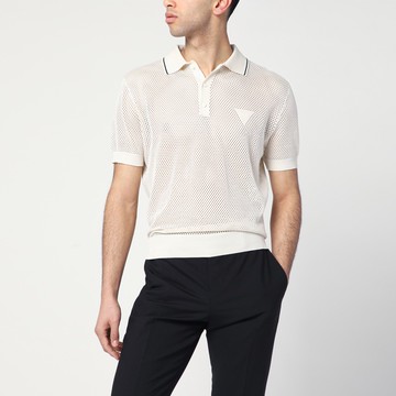 Openwork talc-coloured polo in cotton and silk