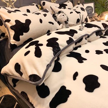 冬天加絨毛絨奶牛四件套法蘭絨被套單件冬季珊瑚絨床上被罩三件套