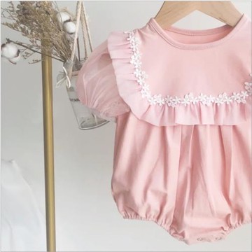 2024夏高檔嬰兒小雛菊泡泡袖哈衣嬰幼兒粉色宮廷風連體衣寶寶爬服