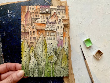 城市繪畫原創藝術小型水彩迷你藝術品畫廊牆藝術