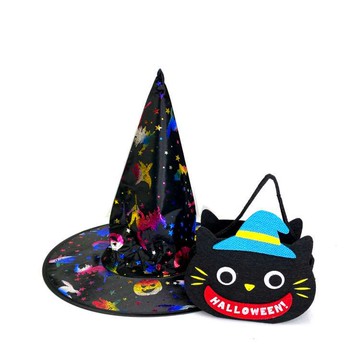 摩達客 萬聖派對變裝 魔法炫色彩光黑巫師帽＋搞怪貓咪糖果袋 1＋1組合_廠商直送