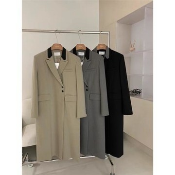 Mootea抹茶翻領撞色長款西裝大衣外套女2026春秋新款韓版氣質西服