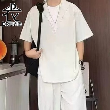 DR更衣室-韓版簡約高級感V領短袖上衣休閒長褲套裝 薄款百搭帥氣兩件套 工作服 大尺碼8XL【NL636024】