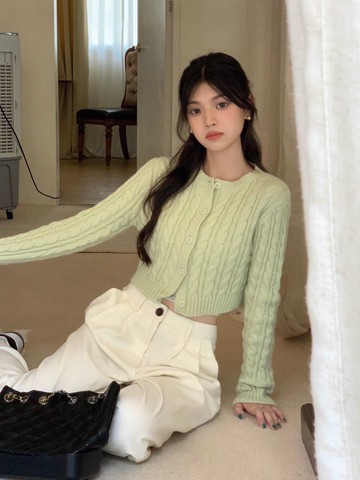 短款麻花針織開衫薄外套上衣純色百搭圓領高腰春秋新款