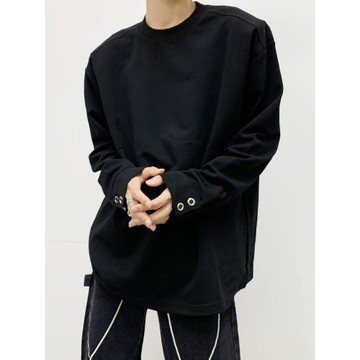 黑色圓領春秋長袖t恤男寬松袖口設計感2025新款穿搭打底衫男上衣