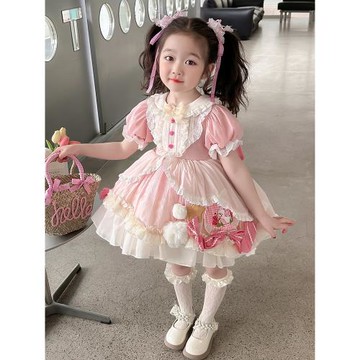 女童洛麗塔粉色蓬蓬公主裙夏季短袖女孩寶寶禮服洋裝宮廷風連衣裙