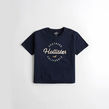 Hollister 海鷗 經典印刷文字短版圖案短袖T恤(女)-深藍色