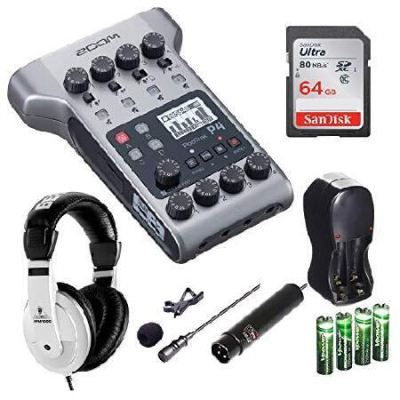 Zoom PodTrak P4 Portable Multitrack Podcast Recorder with 64GB Memory Card, Headphones ＆ Lavalier Microphone Bundle（並行輸入品）