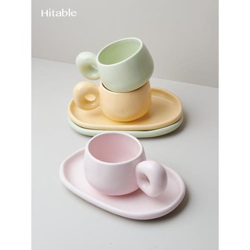 Hitable大耳朵馬卡龍咖啡杯碟陶瓷拉花杯創意下午茶杯子茶杯套裝