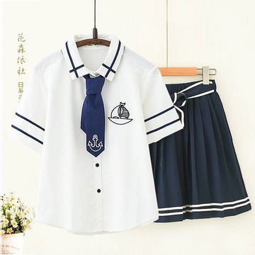2022夏裝海軍風鐵錨刺繡短袖白襯衫女學院風半身裙百褶短裙兩件套