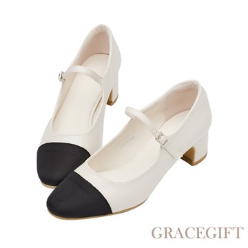 【Grace Gift】撞色圓頭拼接中跟瑪莉珍鞋  白x黑