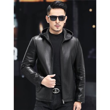 海寧真皮皮衣男頭層山羊皮青年短款連帽鹿紋皮夾克休閑薄款外套潮