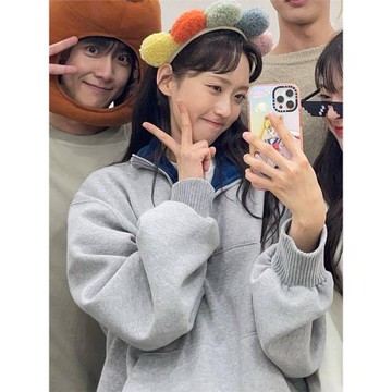 韓智賢cheer up同款立領半拉鏈套頭polo灰色坑條長袖加絨加厚衛衣