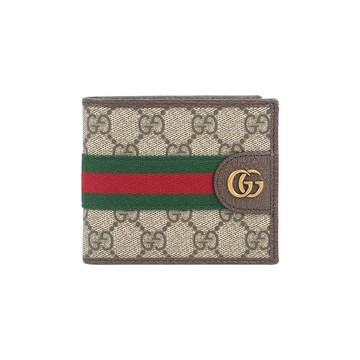 [平輸]GUCCI Ophidia 綠紅織帶對開8卡短夾(烏木色/深棕色)