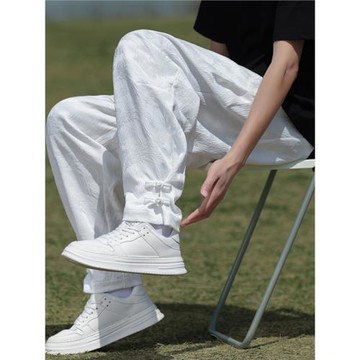 冰絲褲子男夏季薄款新中式男裝復古風寬松大碼中國風直筒闊腿褲潮