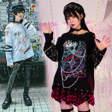 原創天使降臨龐克風扣帶十字架鐵鍊造型露肩中性可拆袖T恤JJ2548