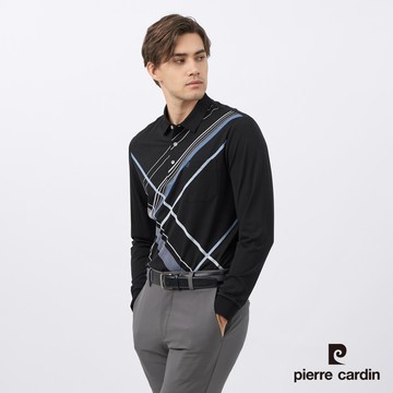 【pierre cardin皮爾卡登】男裝 棉質混紡彈性大定位印花長袖POLO衫-黑色 (5235299-99)