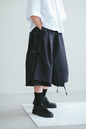 阿步寬側綁繩雙層武士褲 日式剪裁垂墜感寬褲 - 2色