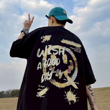 潮牌笑臉印花短T 日系 寬鬆 短袖T恤 情侶t 大尺碼 印花t 五分袖 短袖男 男t 男生T恤（BW343）【壹號站】