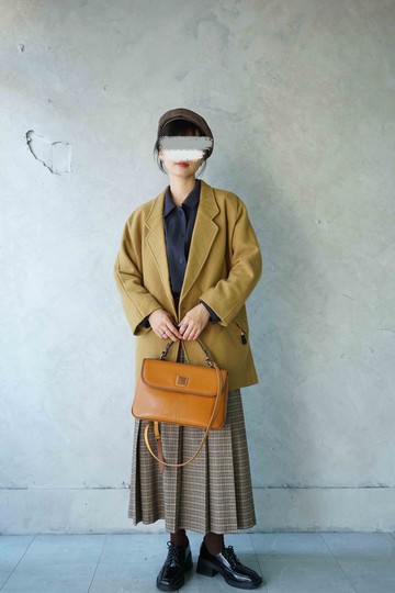 尋寶古著-芥末黃壓線裝飾毛料寬鬆西裝大衣外套