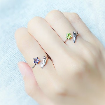 飛翔小翼翼星星 堇青石 / 橄欖石 純銀開口戒指