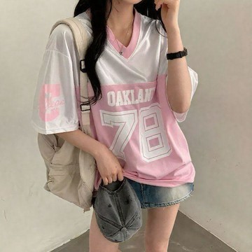 本土出貨  大碼球衣 美式數字球衣 冰球服 復古夏季新款美式運動拼接短袖寬鬆男女休閒T恤球衣情侶街頭上衣T R