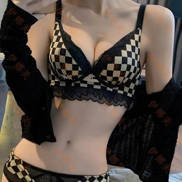 【臺灣出貨👙】內衣女情調格子小胸聚攏顯大文胸套裝加厚平胸胸罩性感美背收副乳【伊娜美】