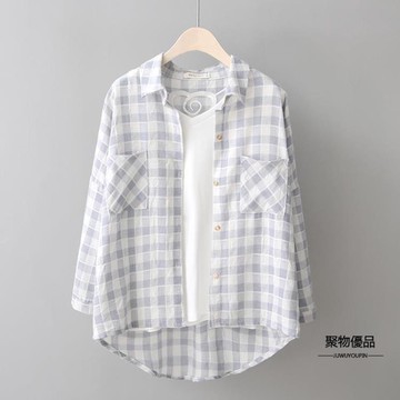 韓版棉麻格子襯衫夏寬鬆小清新防曬衣女長袖百搭薄款外套【聚物優品】